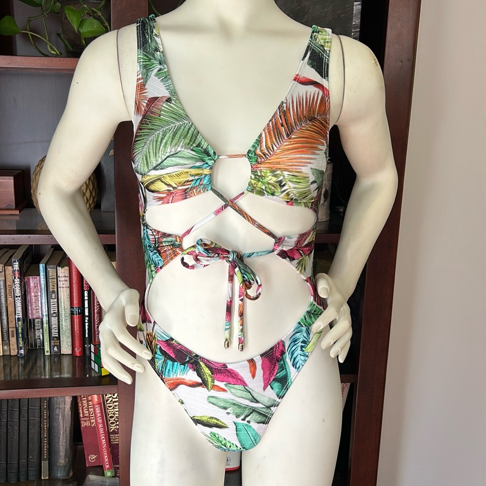 Yekas Tropical Palm Leaf Print Thong Swimsuit